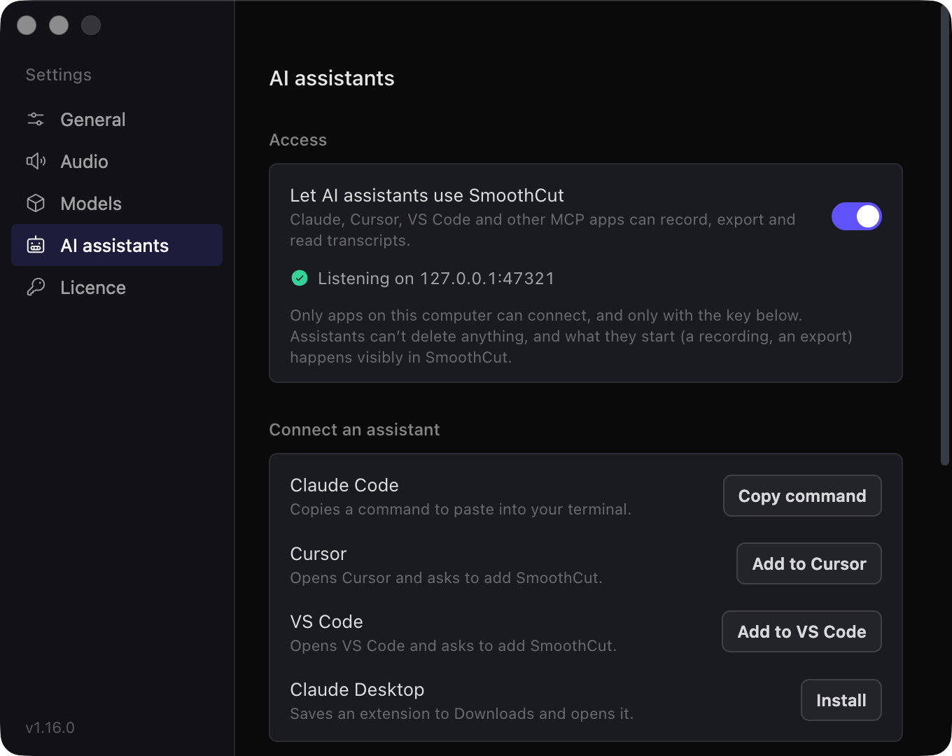 The AI assistants tab in SmoothCut's Settings, switched on